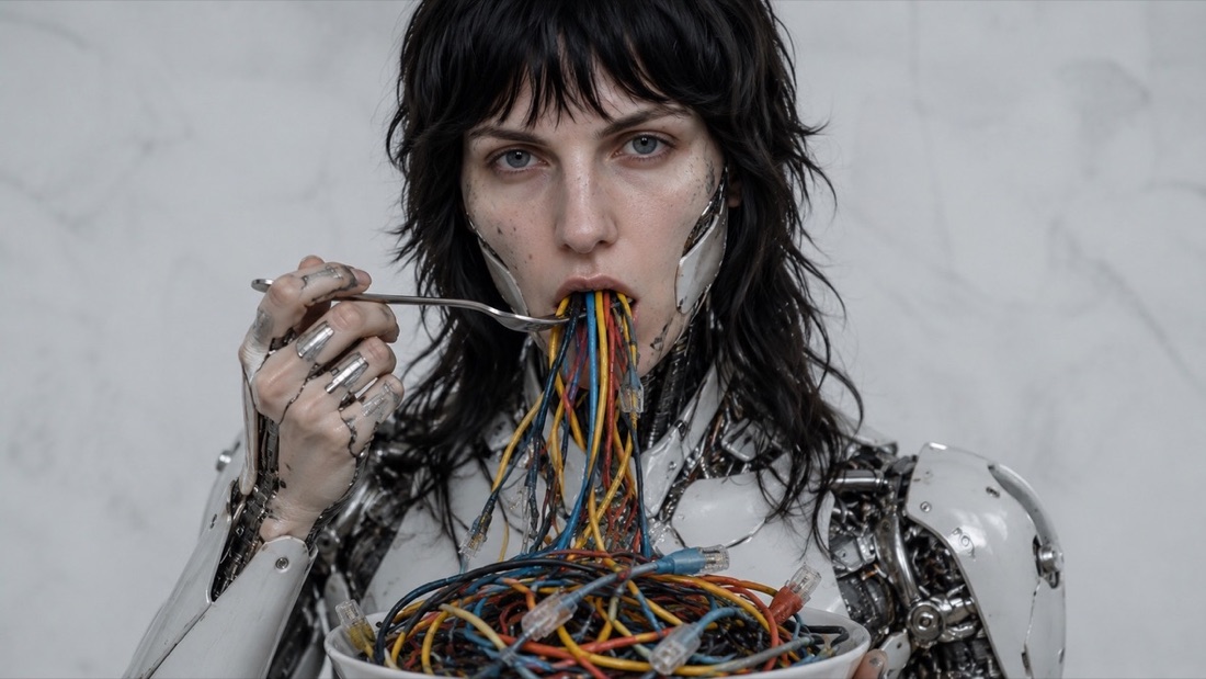 A cyborg woman eating a bowl of network cables with a fork