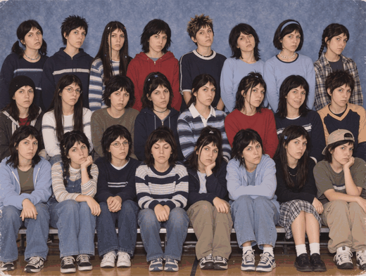 A school class photograph on gymnasium bleachers where every student has the same face