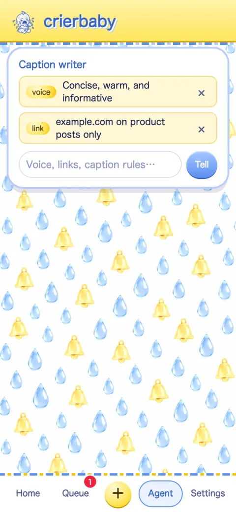Caption writer screen with plain-language voice instructions