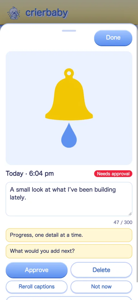 Editing a post with alternative AI-written captions to choose from
